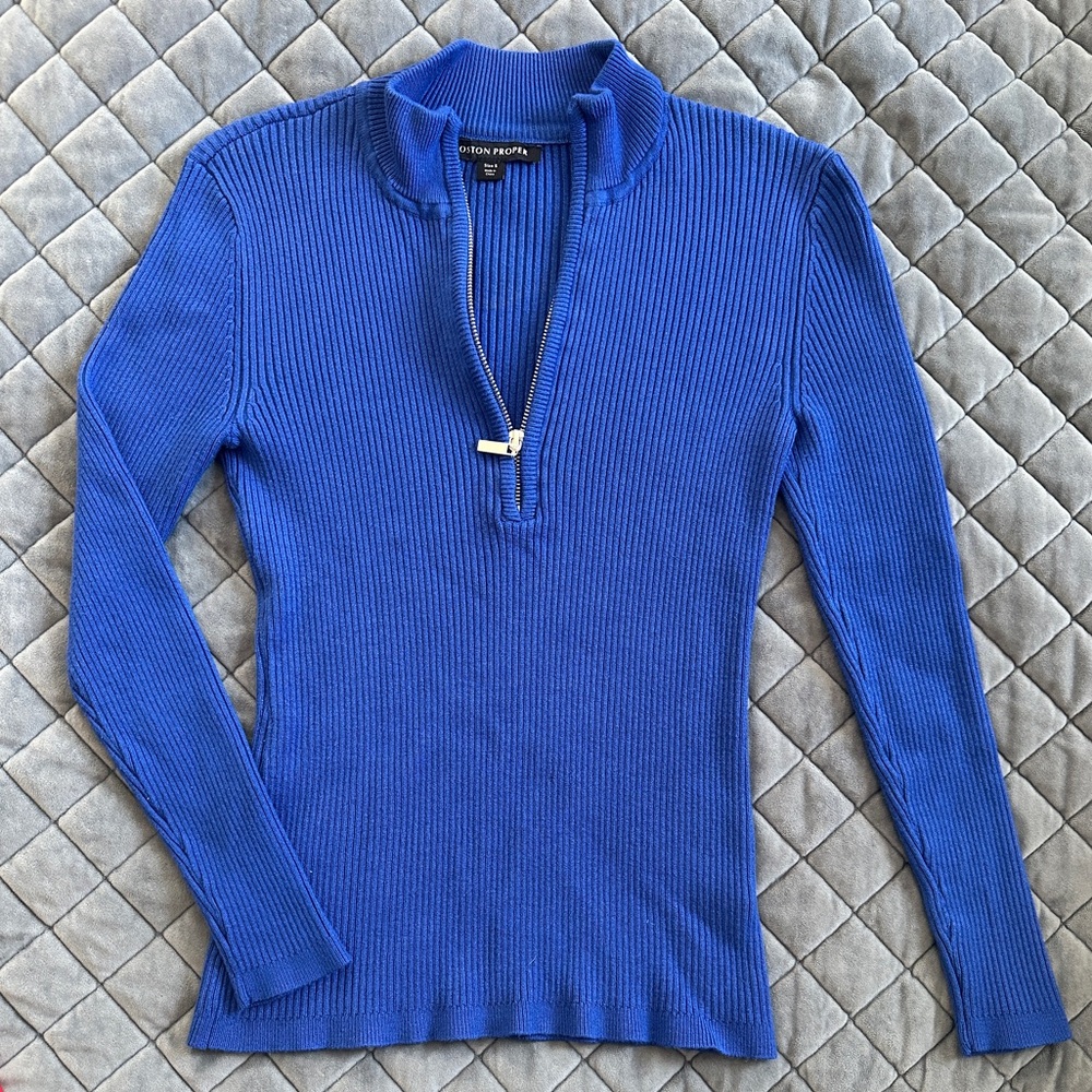 Boston Proper Royal Blue Ribbed Zip-Up Top